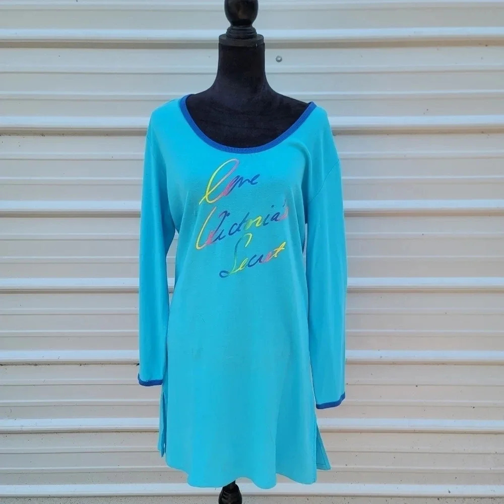 NWT Love VICTORIA'S SECRET COTTON LONG SLEEVE NIGHTGOWN Rainbow Aqua Blue M